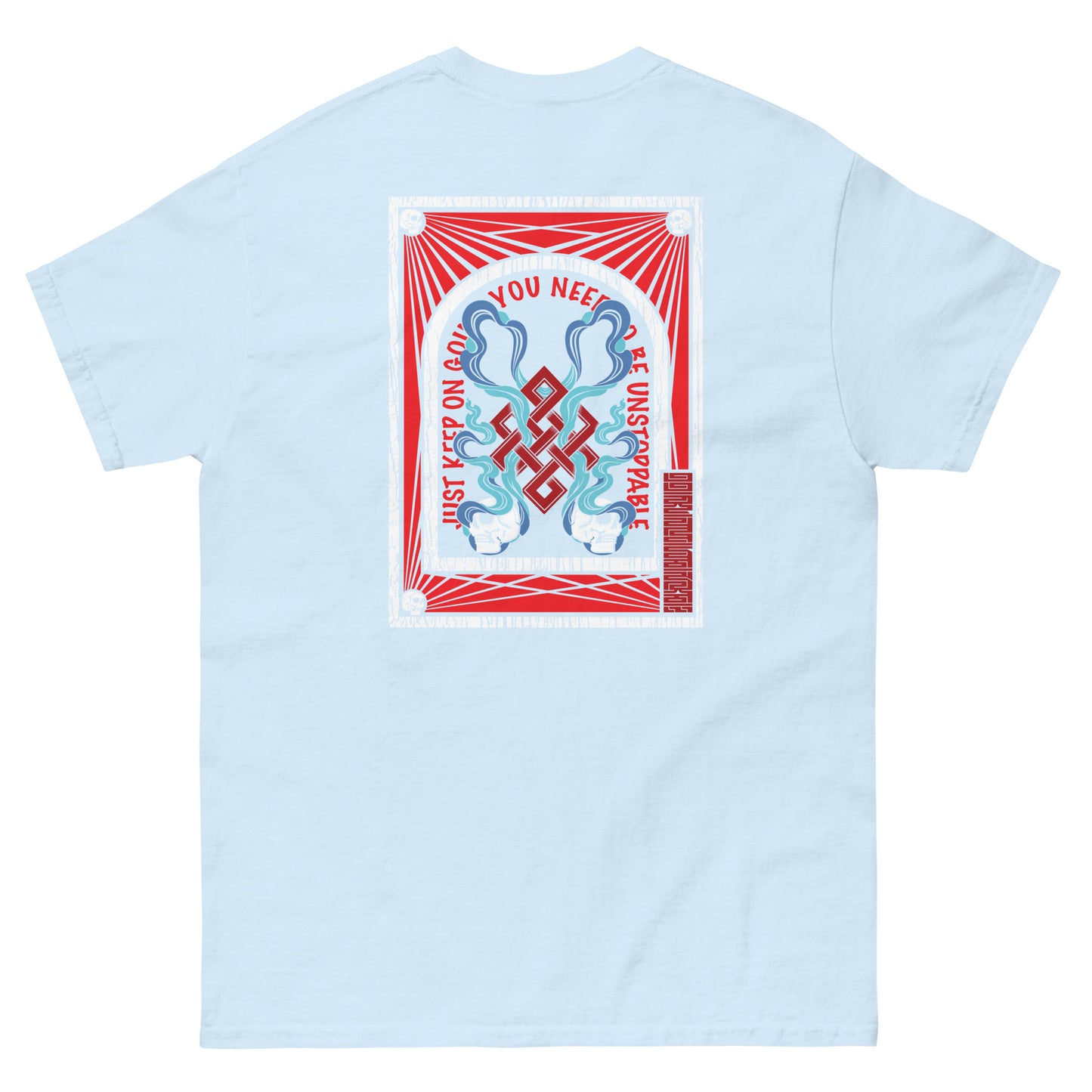 Tibetan Apparel Endless Knot T-Shirt with Motivational Quote – Spiritual Buddhist Design with Scarfs and Skulls